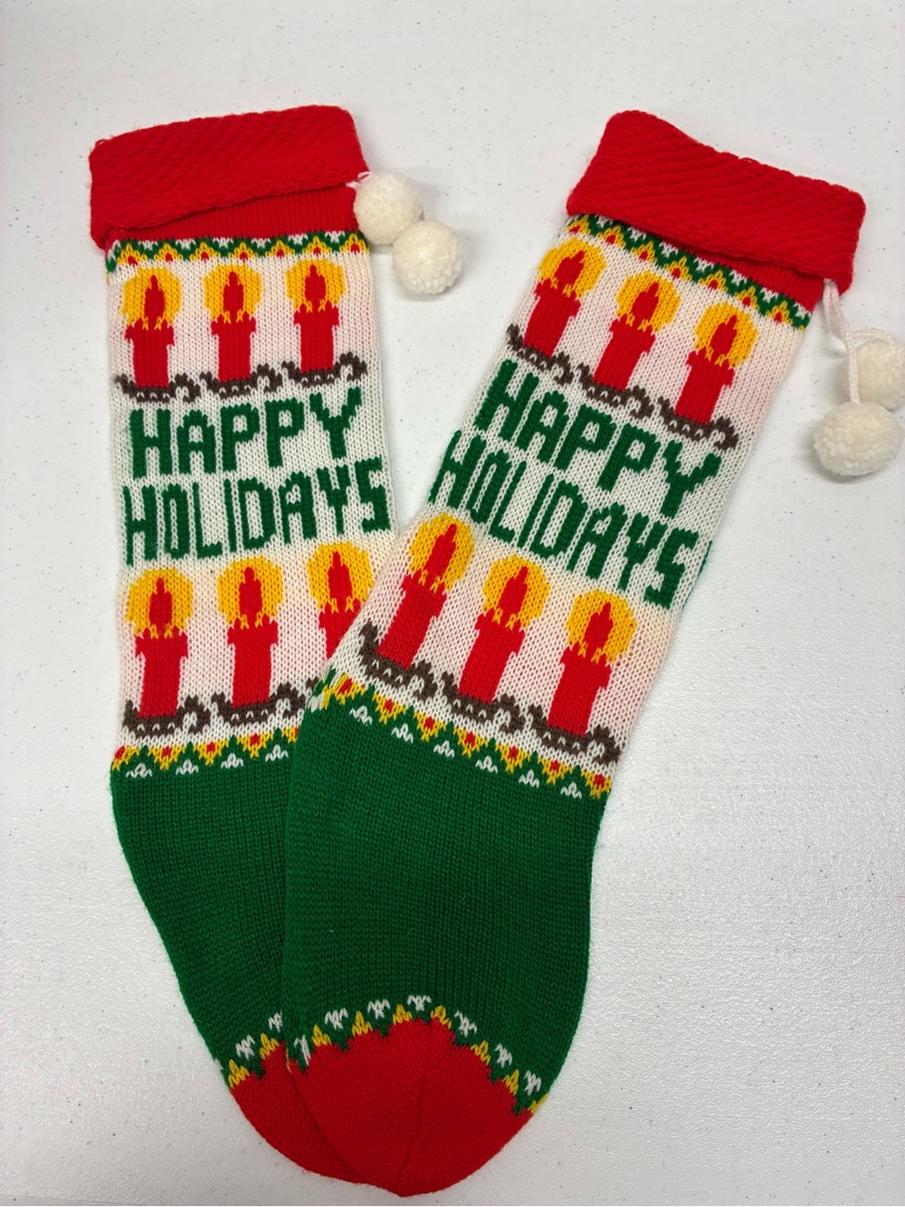 Vintage knit stockings Happy Holidays set of 2 Christmas holiday candles 80s